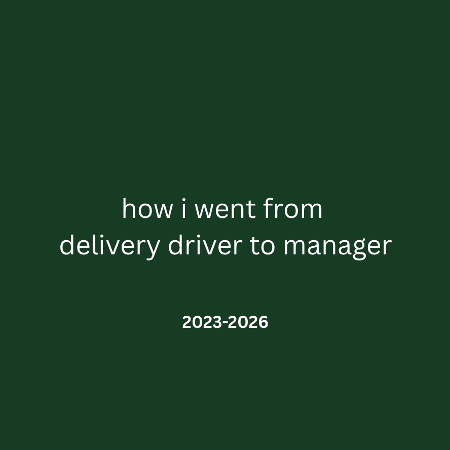 Slide: how I went from delivery driver to manager, 2023 to 2026