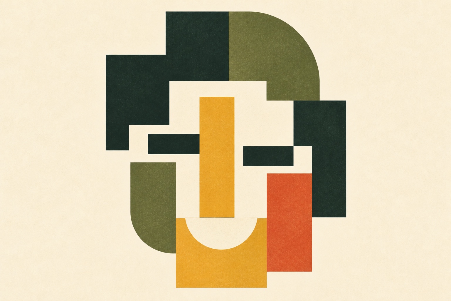 Abstract face built from paper blocks in deep green, olive, mustard and orange on beige